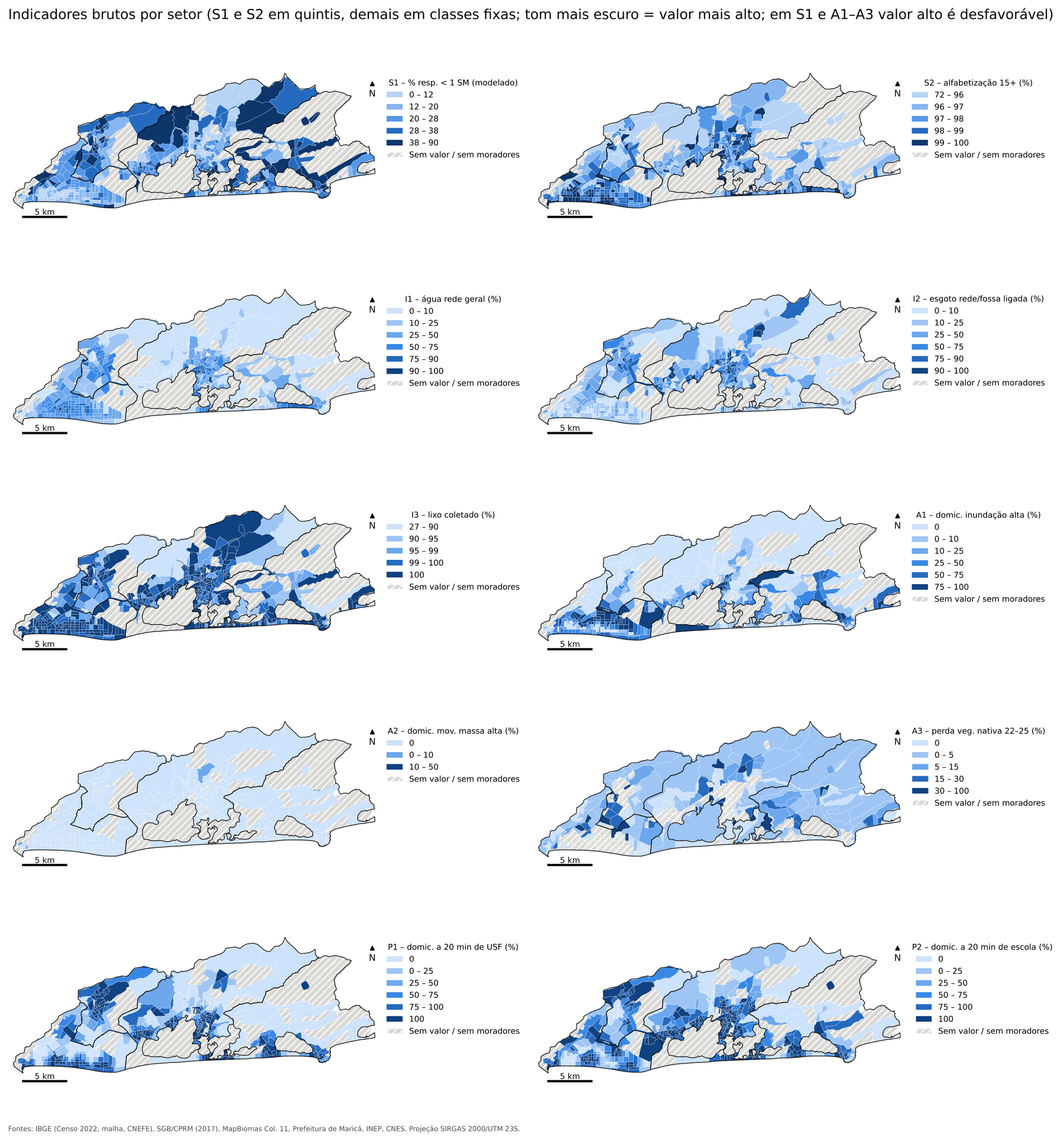 Ten maps of Maricá, one for each raw ICST variable by census tract