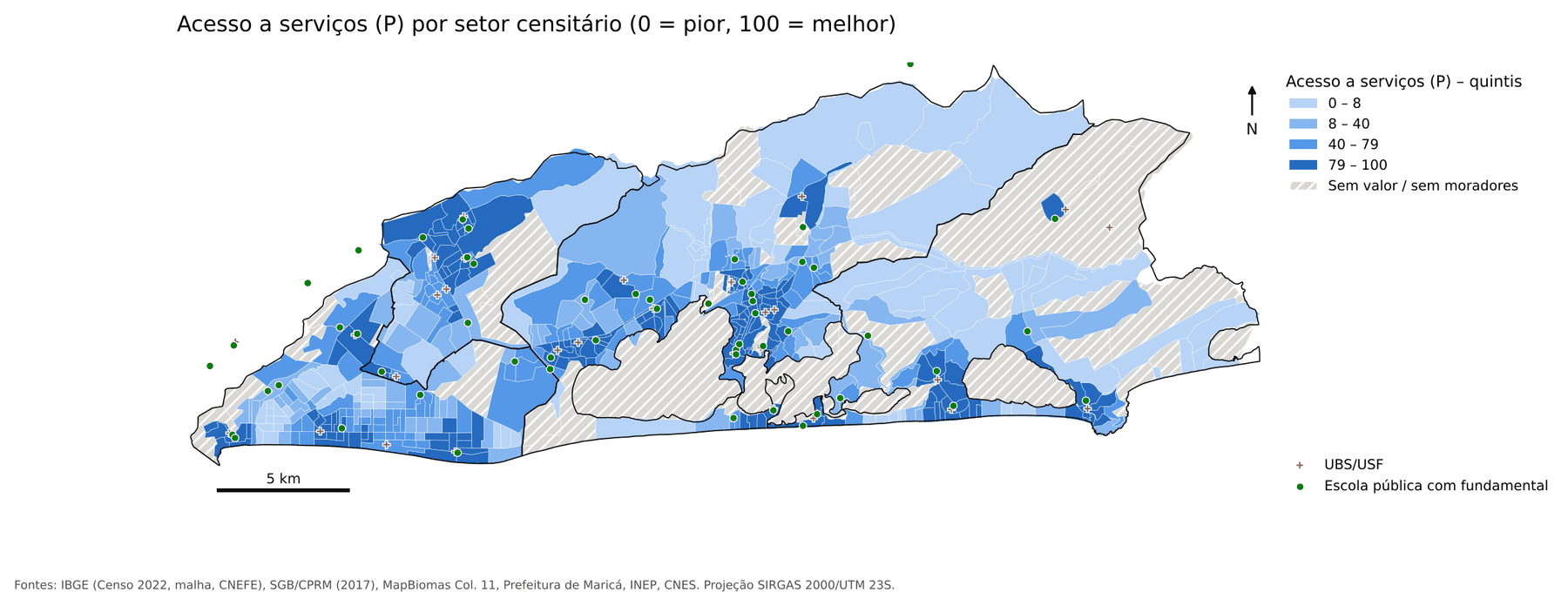 Map of the access-to-services sub-index by tract, with Family Health Units and public schools