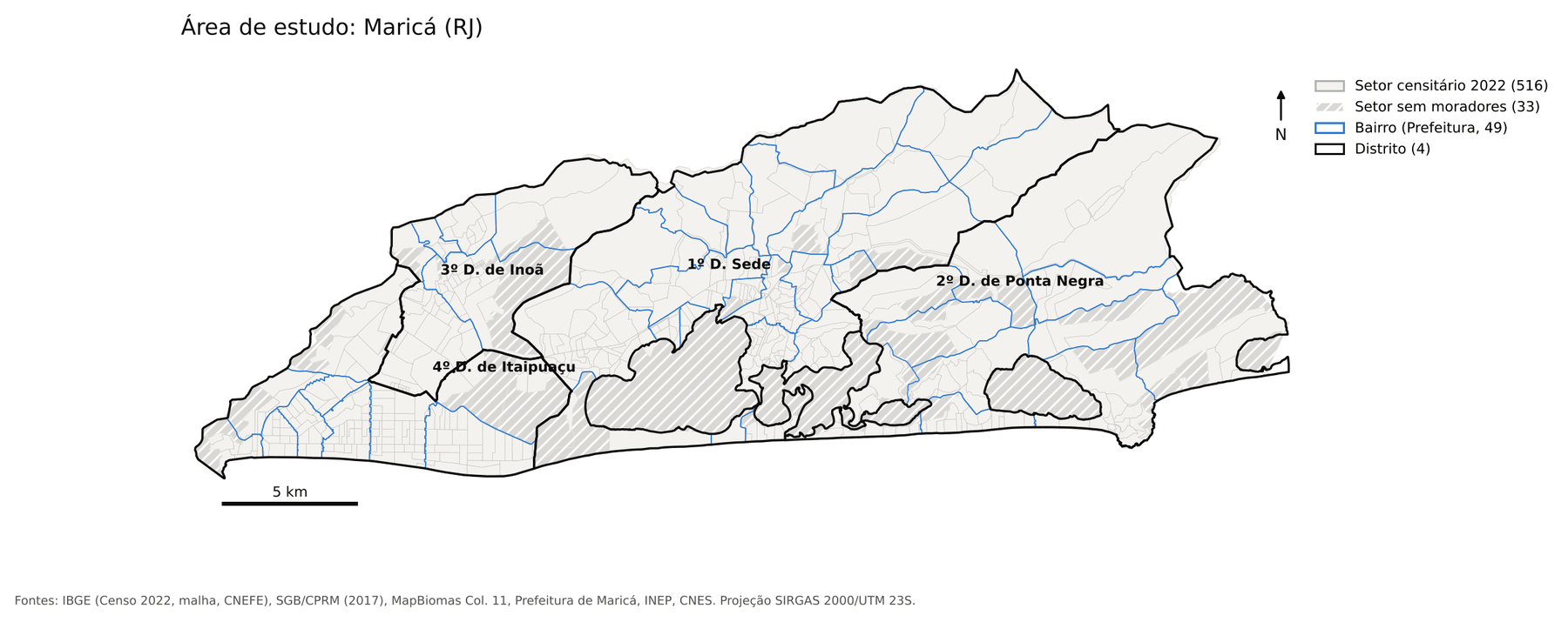Mapa de Maricá con los 516 sectores censales, los 49 barrios de la Municipalidad y los 4 distritos; los sectores sin residentes aparecen rayados