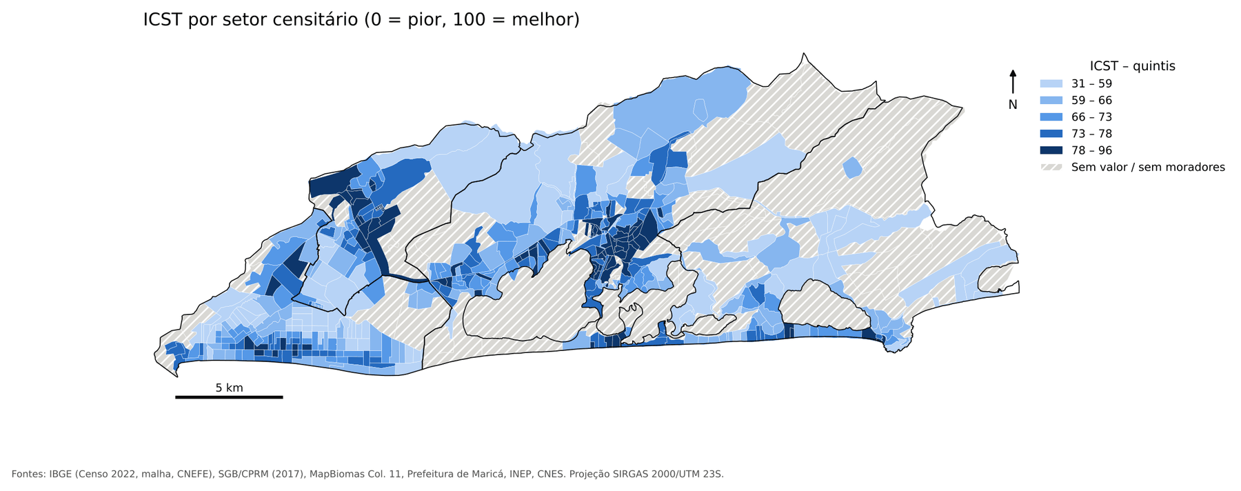 Mapa do ICST por setor censitário de Maricá em cinco classes (quintis), do mais claro (31 a 59) ao mais escuro (78 a 96)