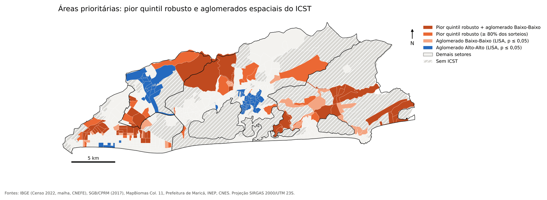 Mapa das áreas prioritárias: setores do pior quintil robusto, aglomerados Baixo-Baixo e Alto-Alto do ICST